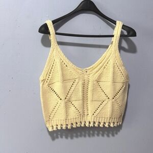 Cream Knit Crop Top Geometric Pointelle V-Neck Sleeveless Boho Camisole Ivory